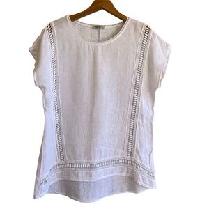 Alessia Pacini Italy Womens 100% Linen Top Size L White Cottagecore Lace Trim
